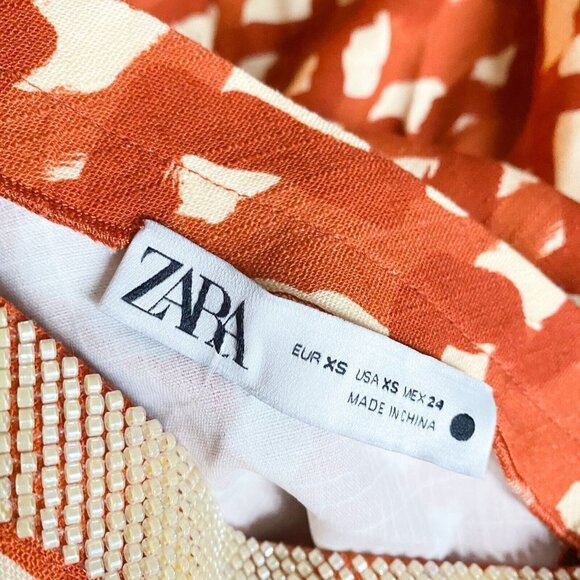 Zara Geometric Print Beaded Waistline A line  Linen Maxi Skirt XS - Picture 5 of 5